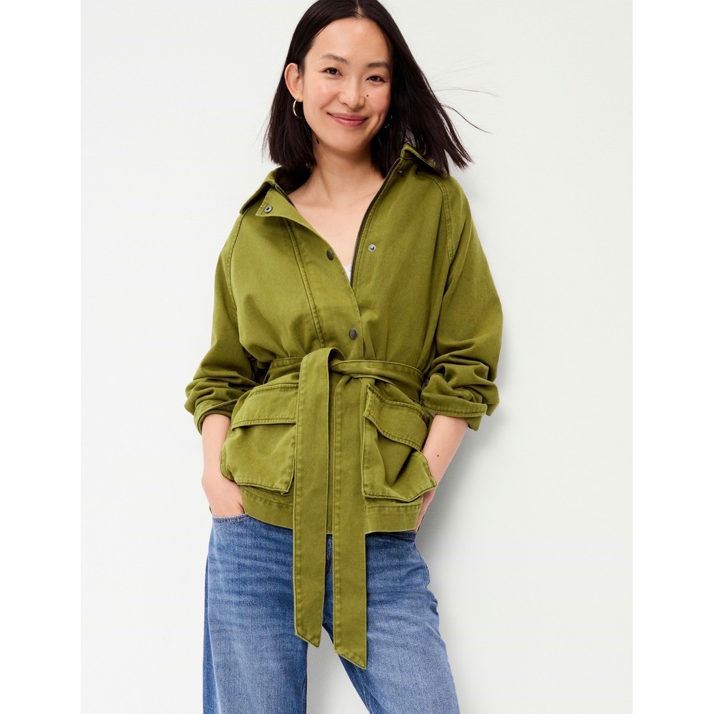 Old Navy Womens Belted Utility Jacket Olive Green Relaxed Fit M Petite NEW